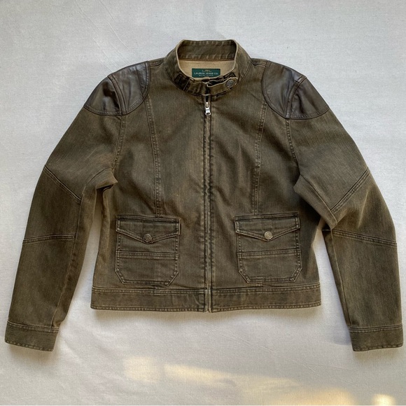 LRL Ralph Lauren Jeans Brown Denim Utility Moto Leather Shoulders Stretch Jacket - Picture 2 of 15